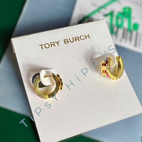TORY BURCH SERIF T PINK ENAMEL HUGGIE HOOP EARRINGS - Picture 5 of 6